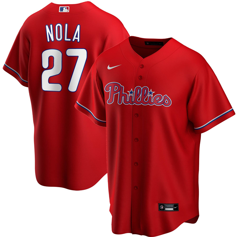 2020 MLB Men Philadelphia Phillies #27 Aaron Nola Nike Red Alternate 2020 Replica Player Jersey 1->philadelphia phillies->MLB Jersey